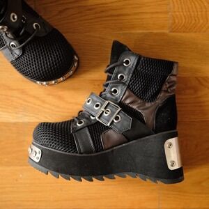 Demonia Scene 53 Vegan Leather Fishnet Platform Ankle Boots Black Chunky Goth